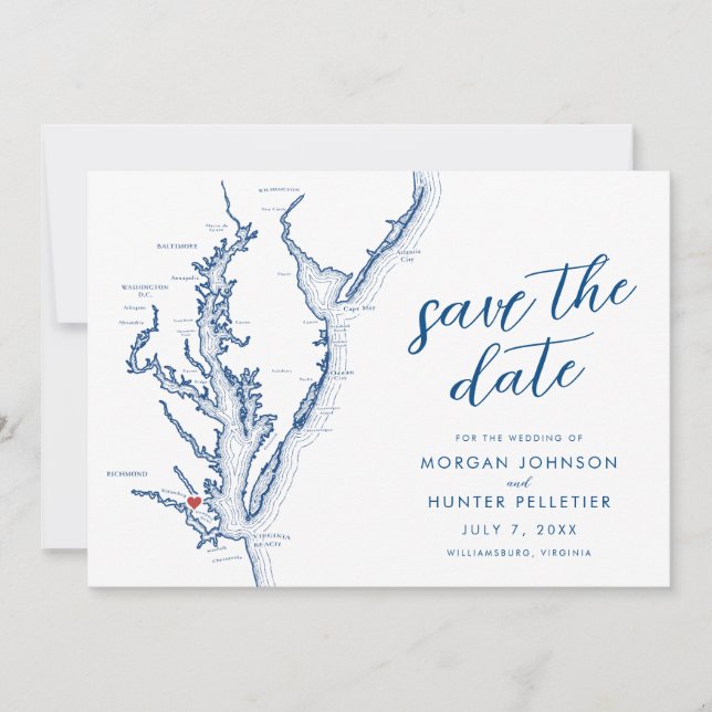 Williamsburg Virginia Map Modern Wedding Save The Date (Front)