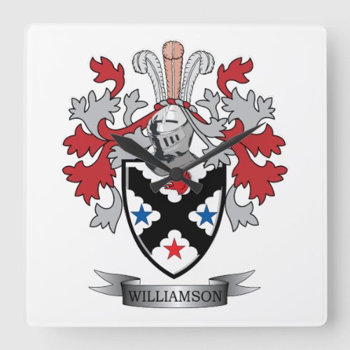 Williamson Family Crest Coat of Arms Square Wall Clock