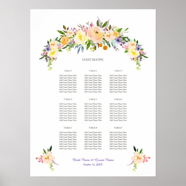 Willow and Floral Wedding Reception Seating Chart (Front)