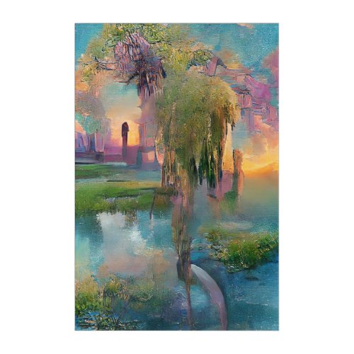  Willow and wisteria by the pond at sunset Acrylic Print
