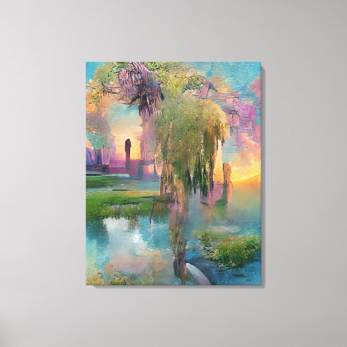  Willow and wisteria by the pond at sunset Canvas Print