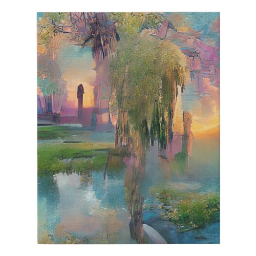  Willow and wisteria by the pond at sunset  Faux Canvas Print