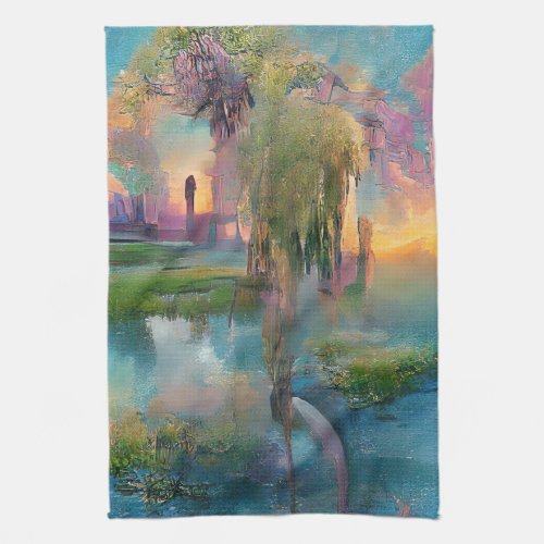  Willow and wisteria by the pond at sunset  Kitchen Towel