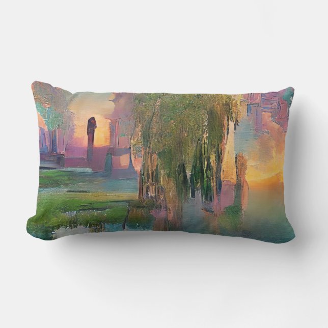  Willow and wisteria by the pond at sunset Lumbar Pillow (Front)