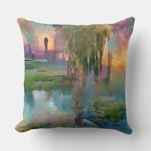  Willow and wisteria by the pond at sunset Throw Pillow