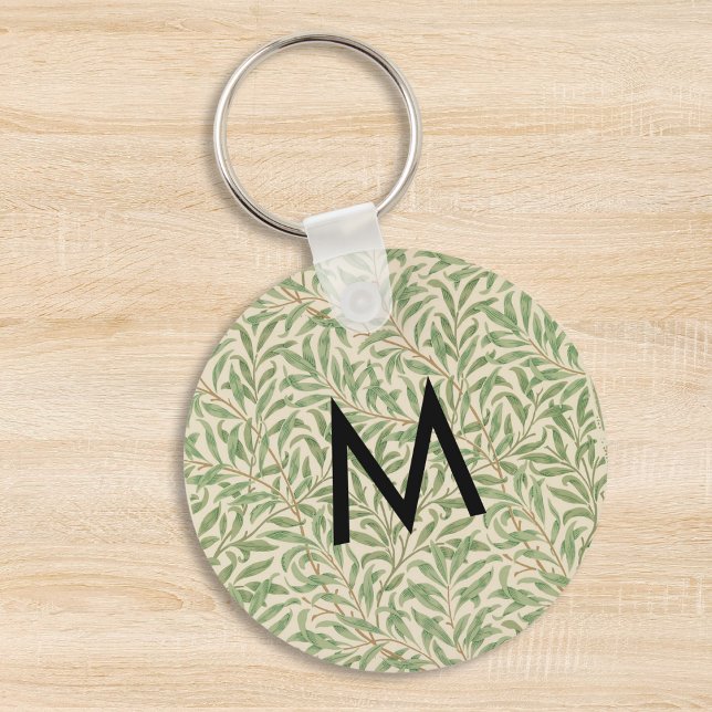 Willow Botanical Leaves William Morris Monogrammed Keychain (A monogrammed keyring with William Morris Willow Bough pattern)