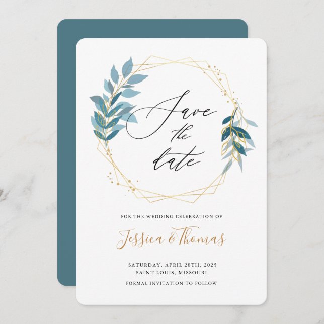 Willow leaves and gold frame save the date card (Front/Back)