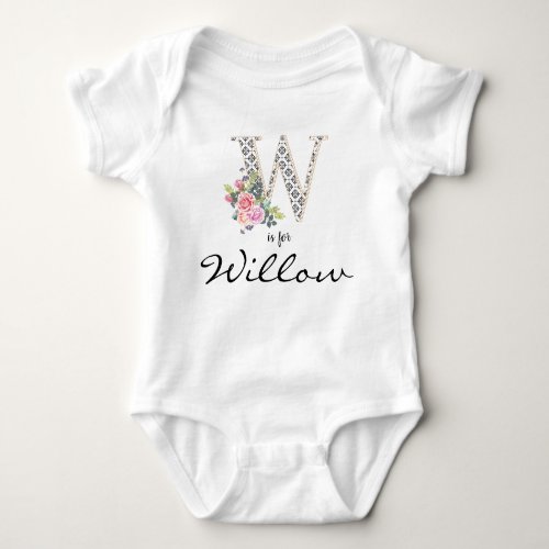 Willow Name Reveal Floral Letter W Retro Flower Baby Bodysuit
