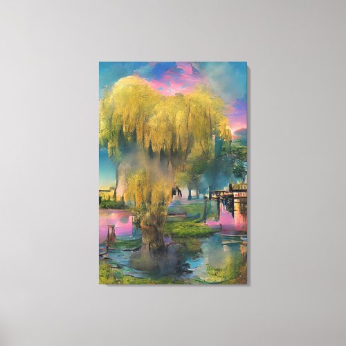 Willow tree at sunset by the pond   canvas print