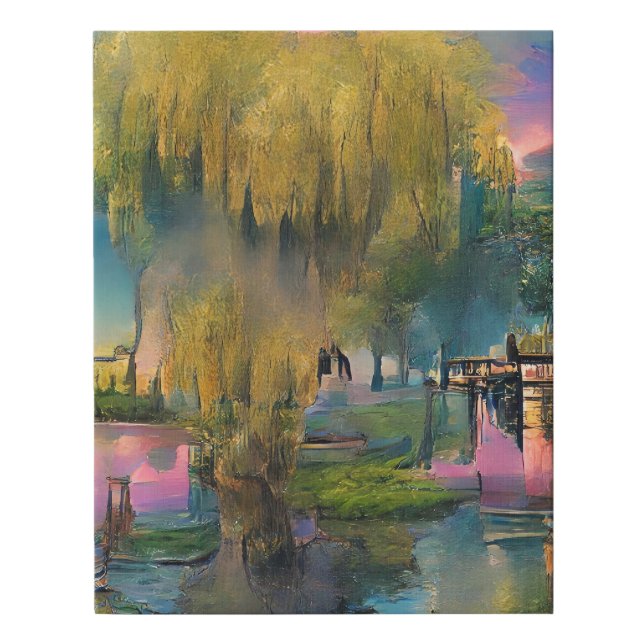 Willow tree at sunset by the pond  faux canvas print (Front)