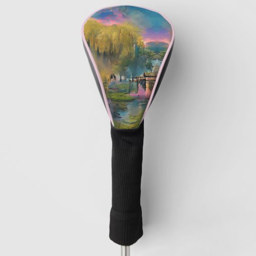 Willow tree at sunset by the pond   golf head cover