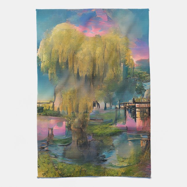 Willow tree at sunset by the pond  kitchen towel (Vertical)
