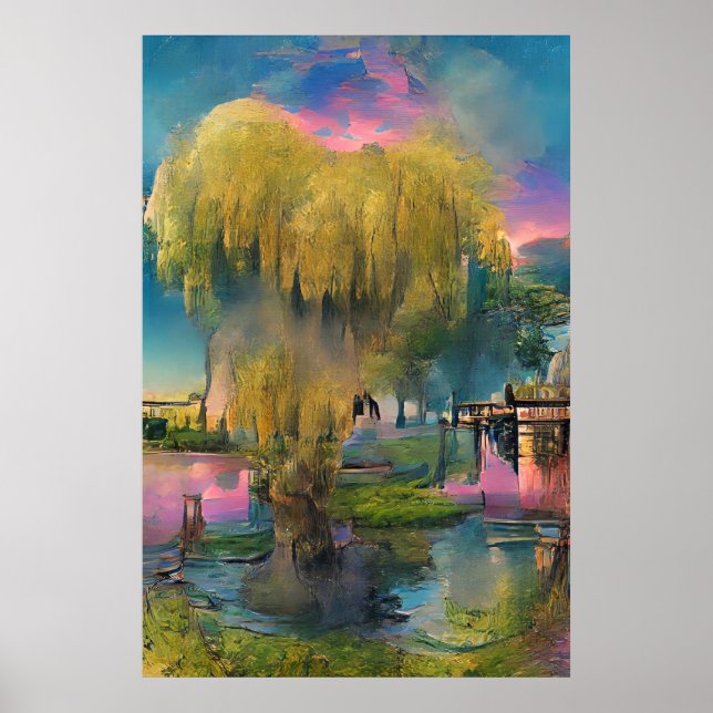 Willow tree at sunset by the pond  poster (Front)