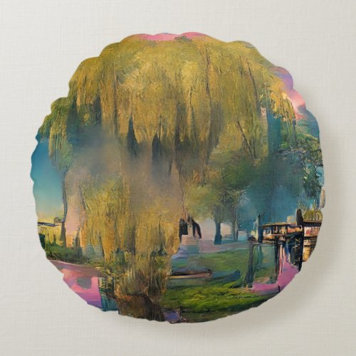 Willow tree at sunset by the pond  round pillow