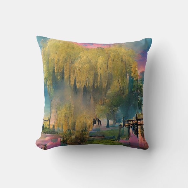 Willow tree at sunset by the pond  throw pillow (Front)
