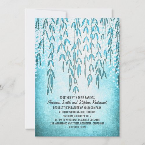 Willow Tree Branches Blue String Lights Wedding Invitation