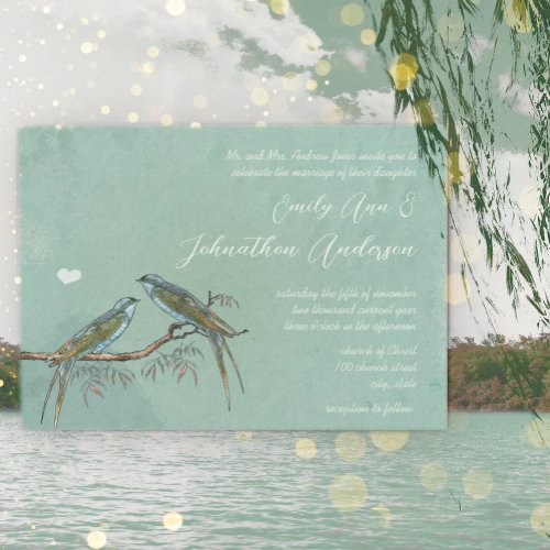 Willow Tree Grove Green Blue Love Bird Wedding  Invitation