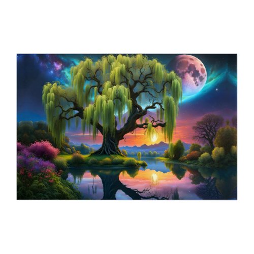 Willow tree under a Full Moon N Starry sky Sunset Acrylic Print