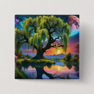 Willow tree under a Full Moon N Starry sky Sunset Button