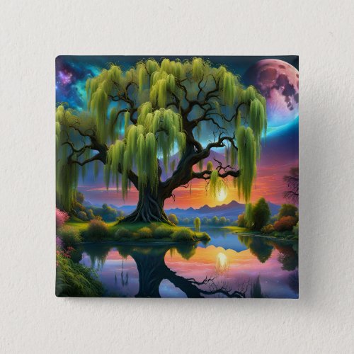 Willow tree under a Full Moon N Starry sky Sunset Button