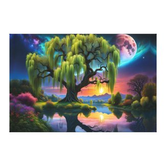 Willow tree under a Full Moon N Starry sky Sunset