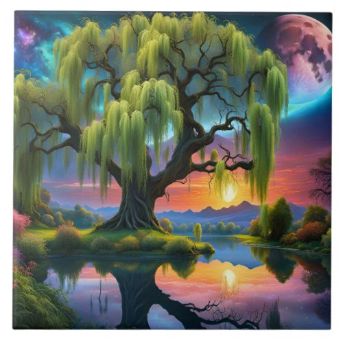 Willow tree under a Full Moon N Starry sky Sunset Ceramic Tile