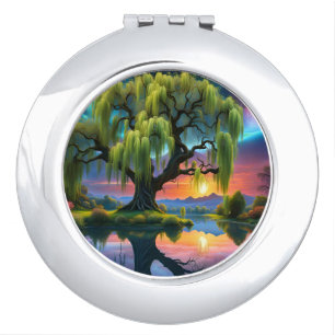 Willow tree under a Full Moon N Starry sky Sunset Compact Mirror