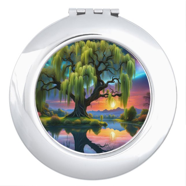Willow tree under a Full Moon N Starry sky Sunset Compact Mirror (Front)