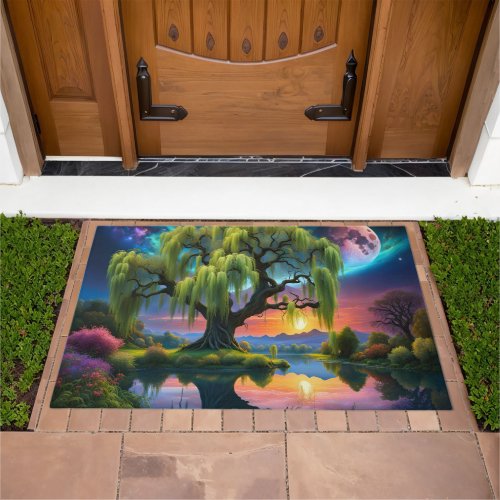 Willow tree under a Full Moon N Starry sky Sunset Doormat