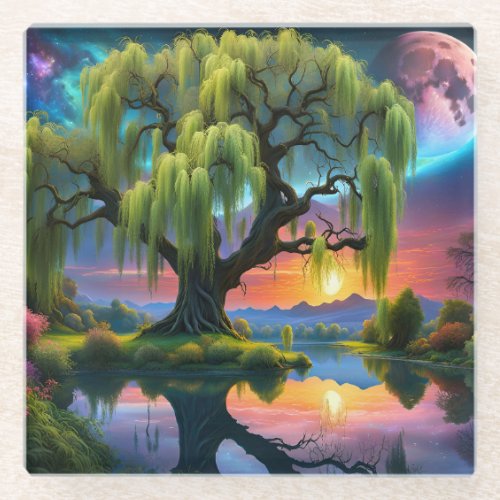 Willow tree under a Full Moon N Starry sky Sunset Glass Coaster