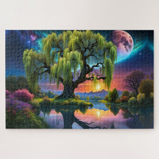 Willow tree under a Full Moon N Starry sky Sunset Jigsaw Puzzle (Horizontal)