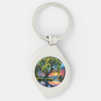 Willow tree under a Full Moon N Starry sky Sunset Keychain