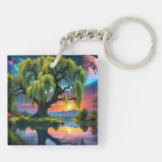 Willow tree under a Full Moon N Starry sky Sunset Keychain