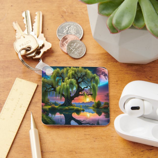 Willow tree under a Full Moon N Starry sky Sunset Keychain (Desk)