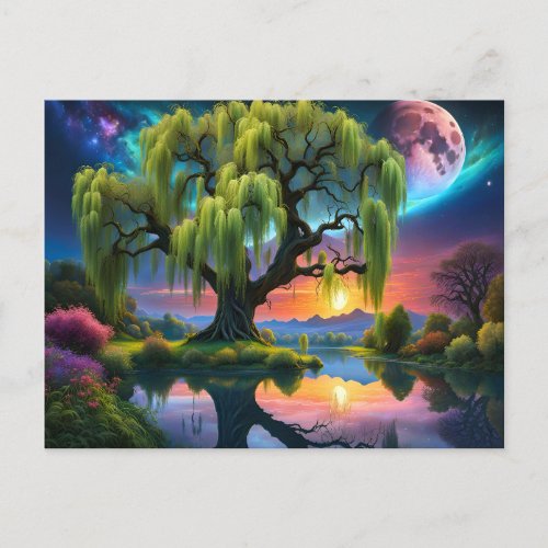 Willow tree under a Full Moon N Starry sky Sunset Postcard