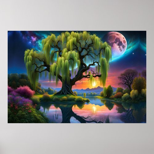 Willow tree under a Full Moon N Starry sky Sunset Poster
