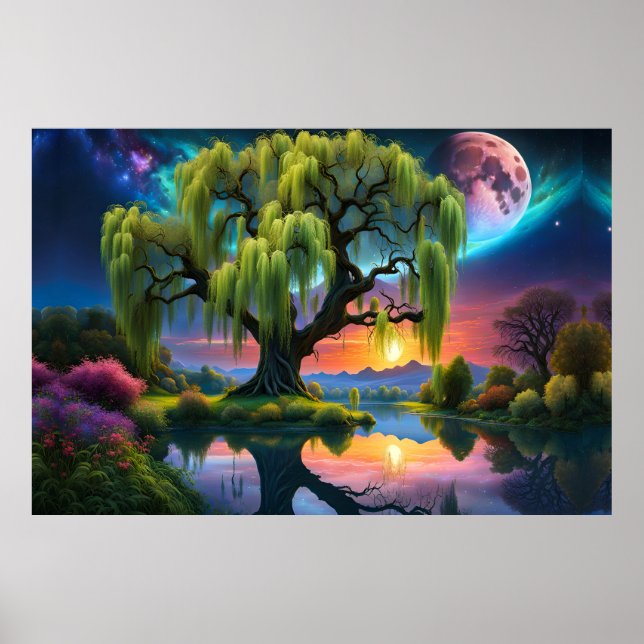 Willow tree under a Full Moon N Starry sky Sunset Poster (Front)