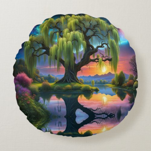 Willow tree under a Full Moon N Starry sky Sunset Round Pillow