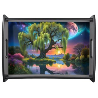 Willow tree under a Full Moon N Starry sky Sunset