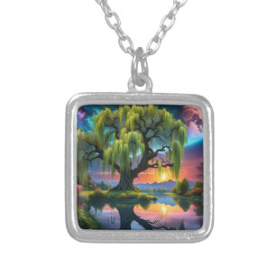 Willow tree under a Full Moon N Starry sky Sunset Silver Plated Necklace