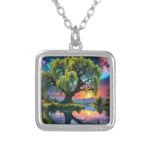 Willow tree under a Full Moon N Starry sky Sunset Silver Plated Necklace