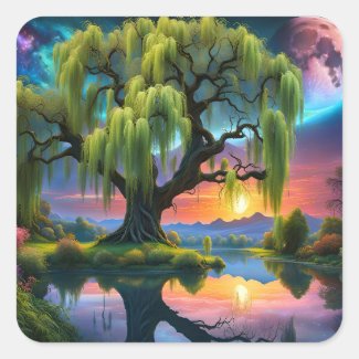 Willow tree under a Full Moon N Starry sky Sunset