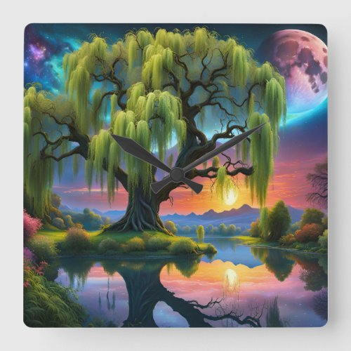 Willow tree under a Full Moon N Starry sky Sunset Square Wall Clock