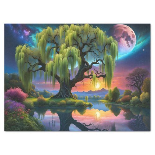 Willow tree under a Full Moon N Starry sky Sunset Tissue Paper