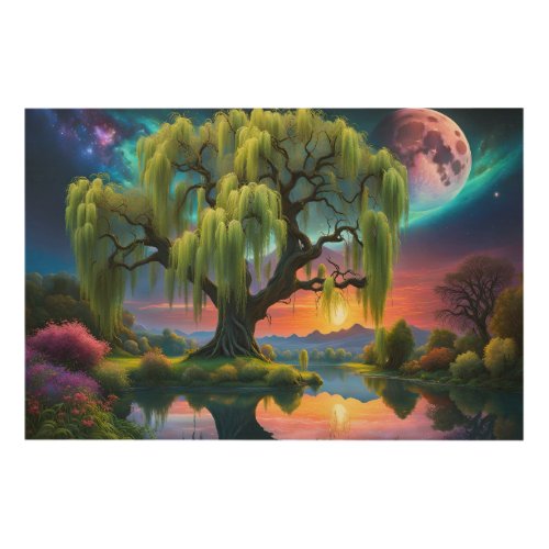 Willow tree under a Full Moon N Starry sky Sunset Wood Wall Art