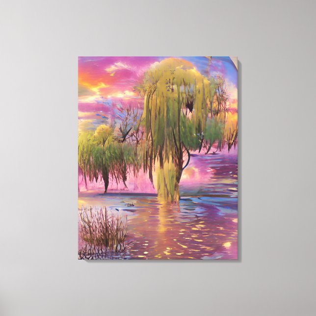  Willow trees at Pink sunset by the pond  Canvas Print (Front)