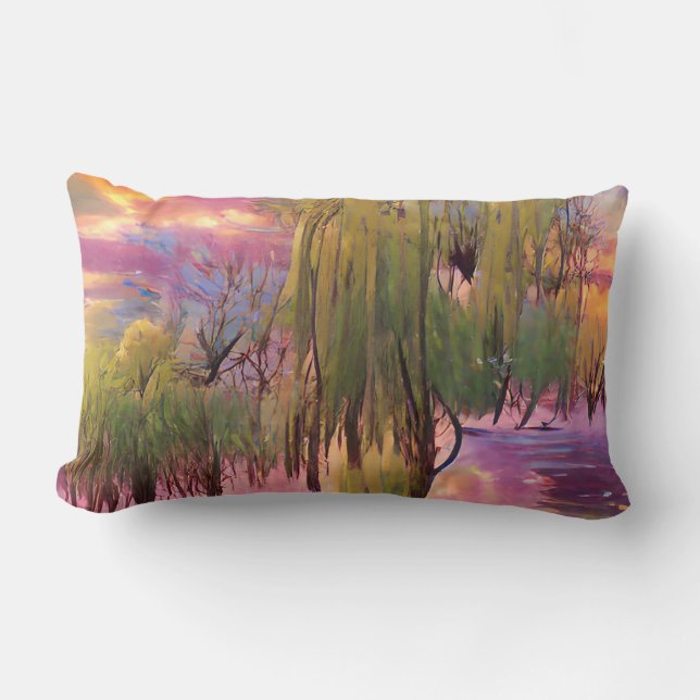  Willow trees at Pink sunset by the pond  Lumbar Pillow (Front)