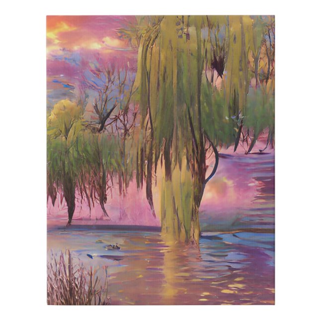  Willow trees at Pink sunset by the pond  Wall Clo Faux Canvas Print (Front)