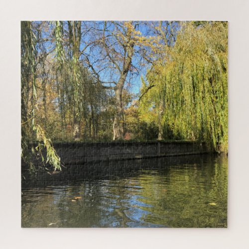 Willow Trees Photo River Reflections Square Jigsaw Puzzle