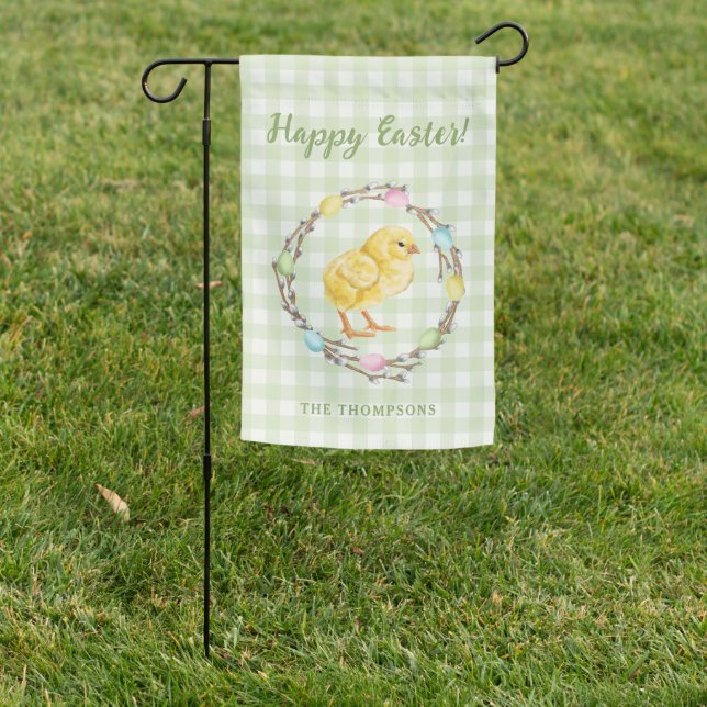 Willow Wreath And Chick Happy Easter With Name Garden Flag (In SItu)